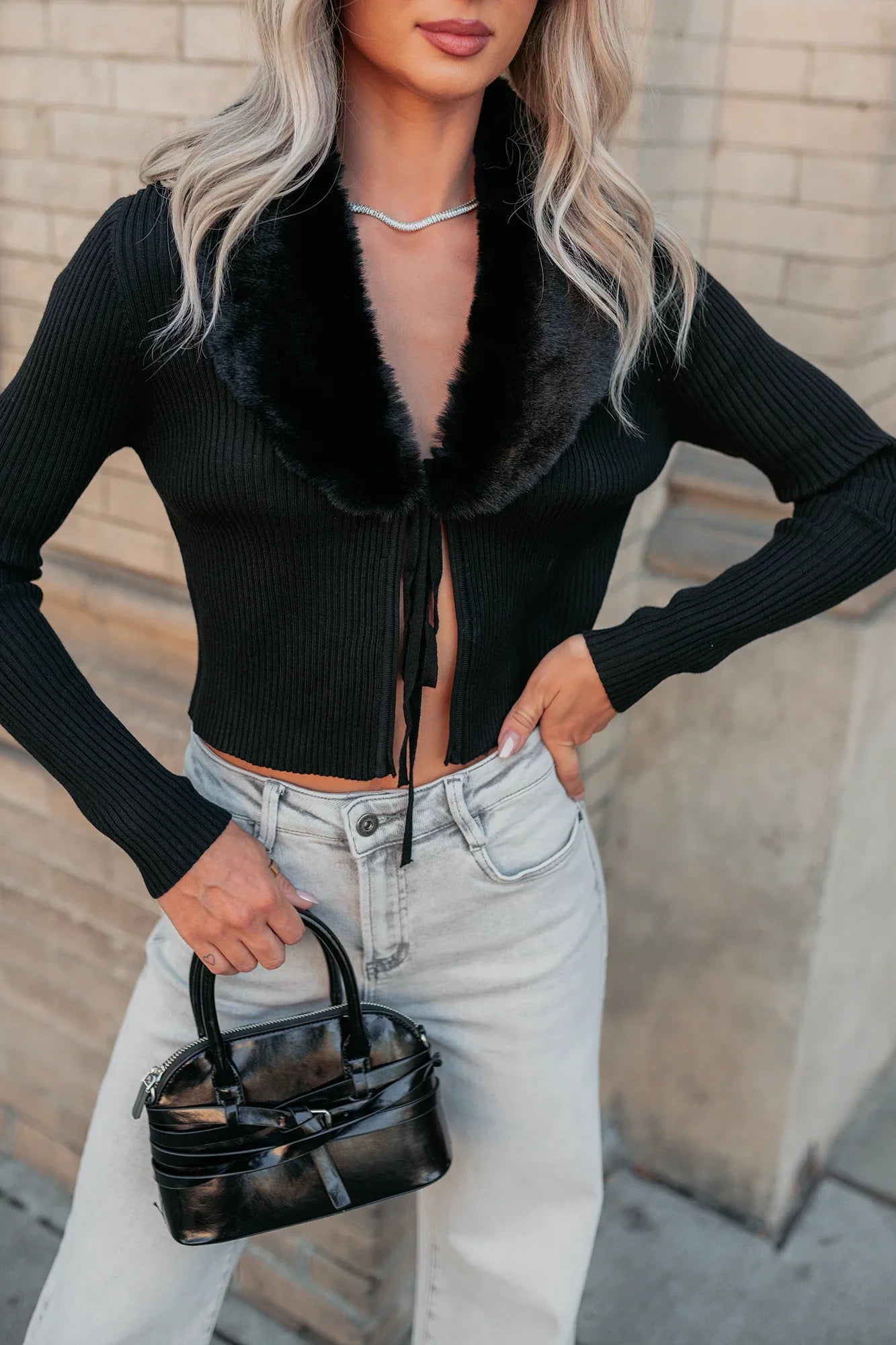 NanaMacs Glitz Happens Detachable Fur Collar Top (Black)