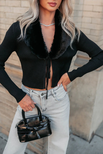 NanaMacs Glitz Happens Detachable Fur Collar Top (Black)