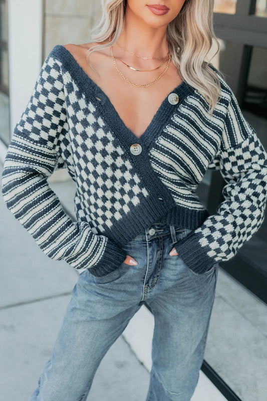 NanaMacs Tucked Away Checkered Stripe Knit Cardigan (Navy/Cream)