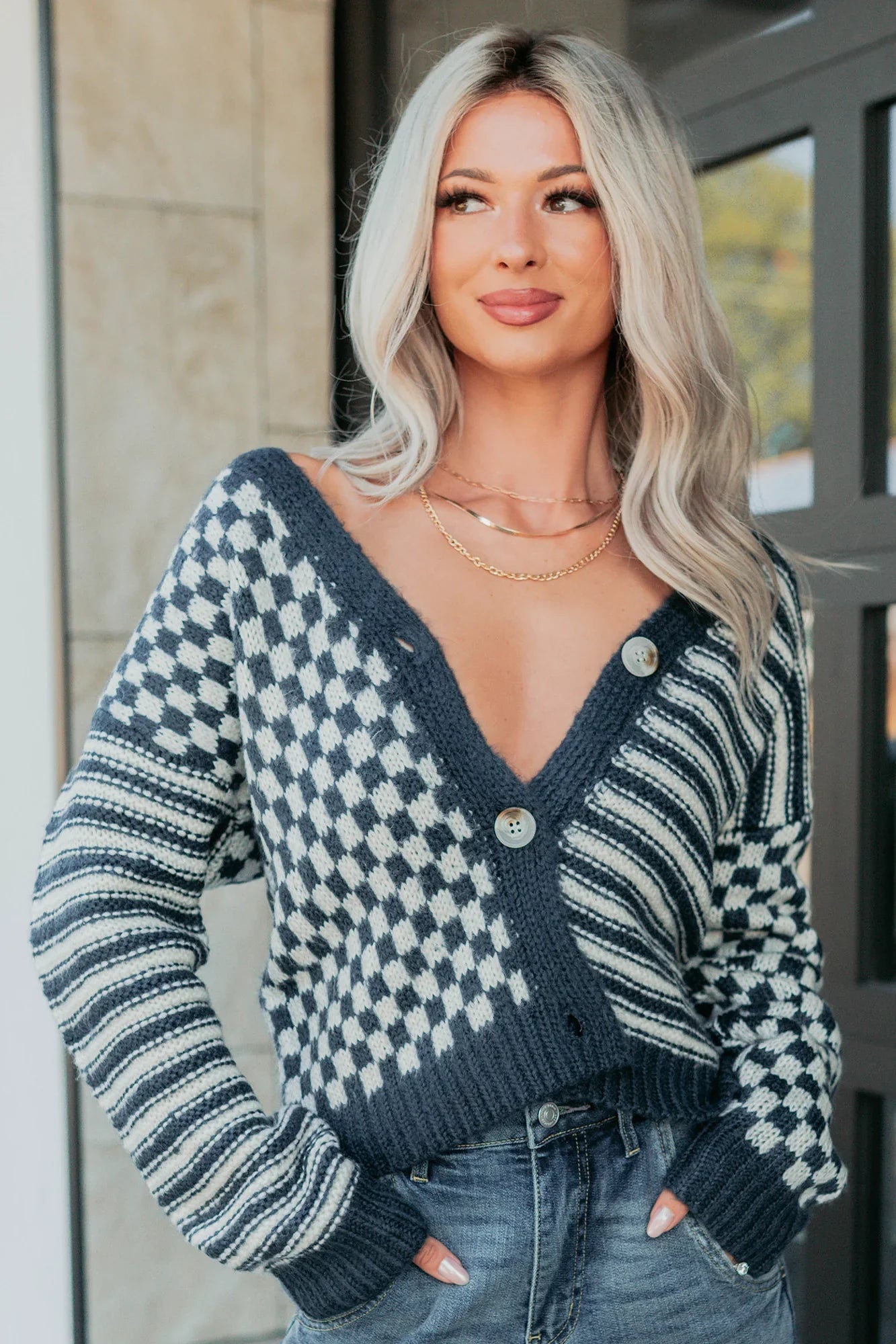 NanaMacs Tucked Away Checkered Stripe Knit Cardigan (Navy/Cream)