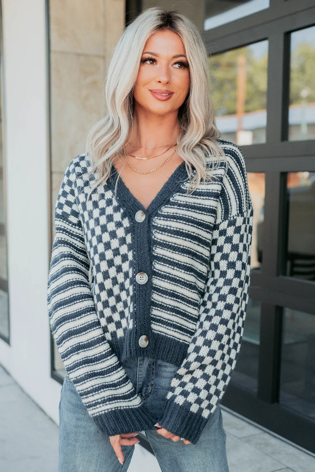 NanaMacs Tucked Away Checkered Stripe Knit Cardigan (Navy/Cream)