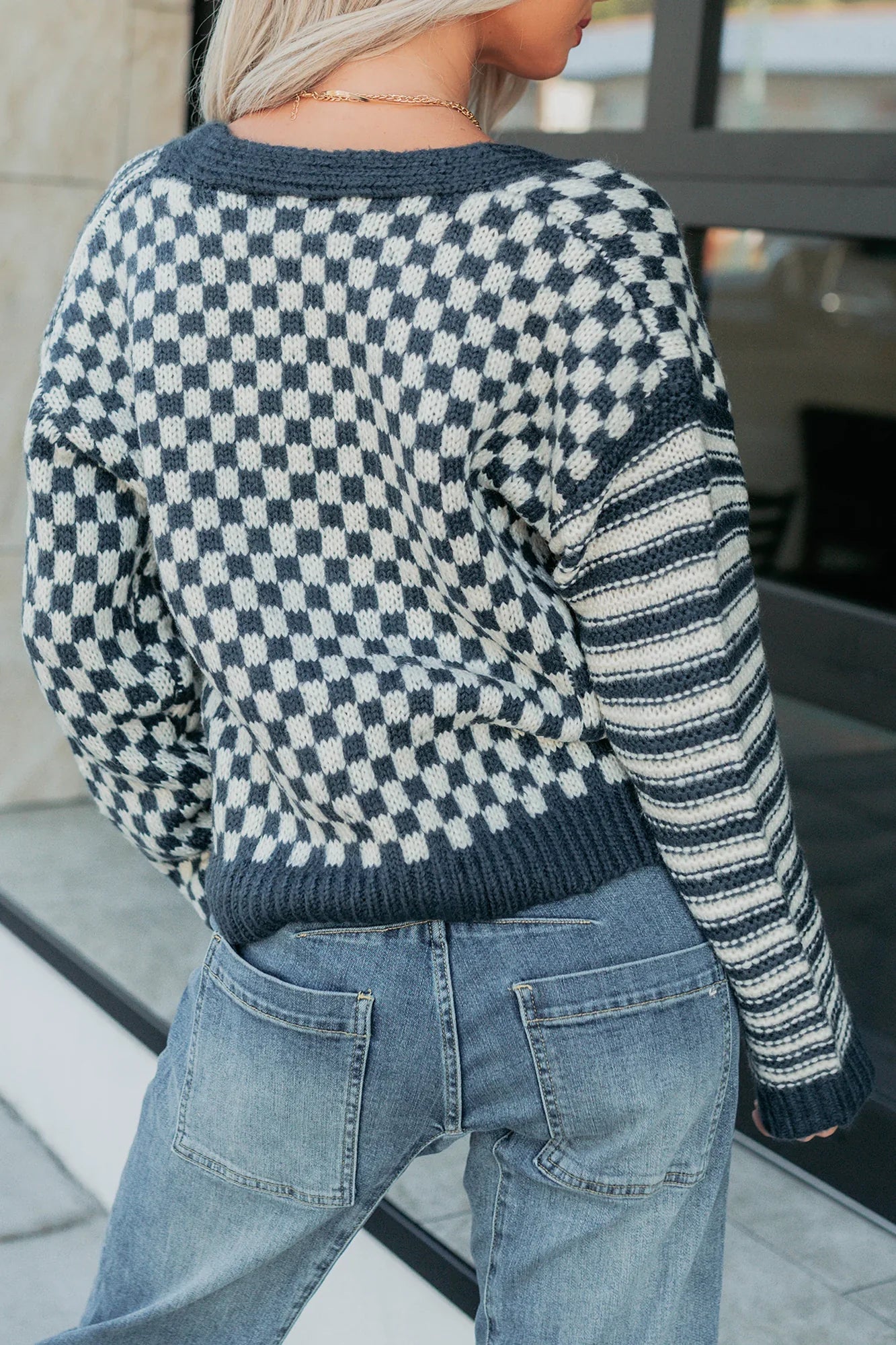 NanaMacs Tucked Away Checkered Stripe Knit Cardigan (Navy/Cream)
