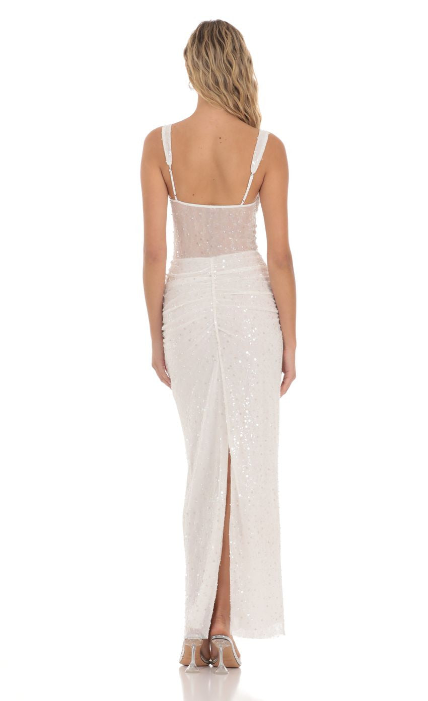 Lucy in the Sky Sequin Pearl Twist Ruched Maxi Dress in White