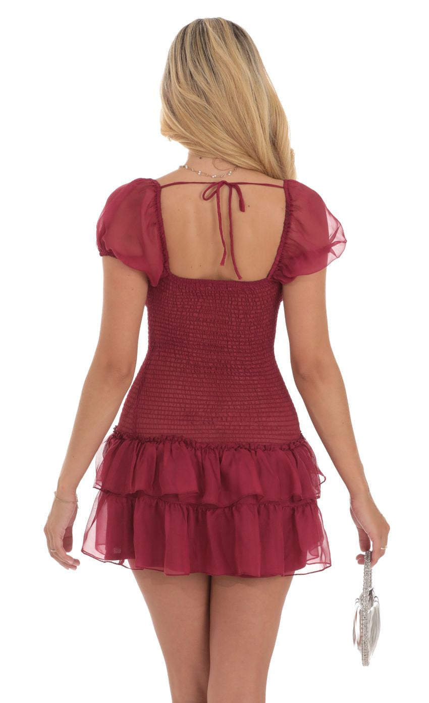 Lucy in the Sky Smocked Ruffle Dress in Maroon