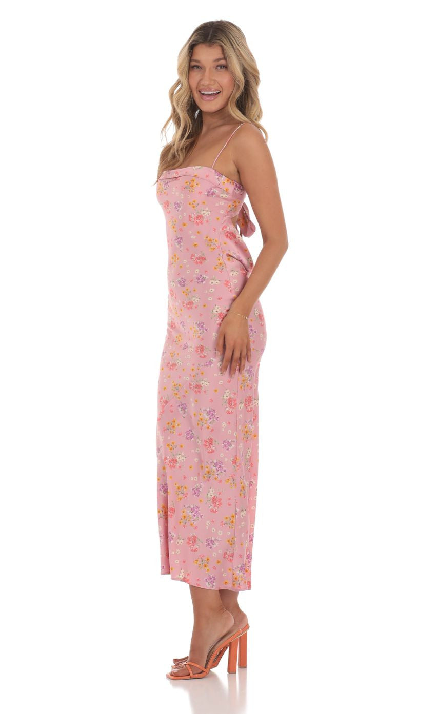 Lucy in the Sky Satin Floral Open Back Maxi Dress in Pink
