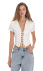 Lucy in the Sky Collared Lace-Up Top in White
