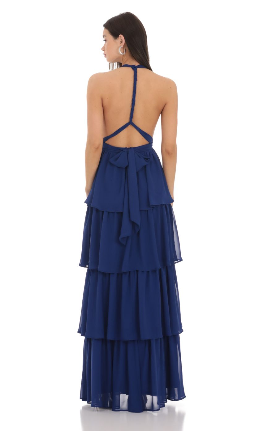 Lucy in the Sky Chiffon Plunge Ruffle Dress in Blue