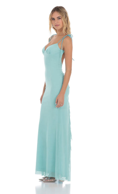 Lucy In The Sky Mesh Open Back Maxi Dress in Aqua
