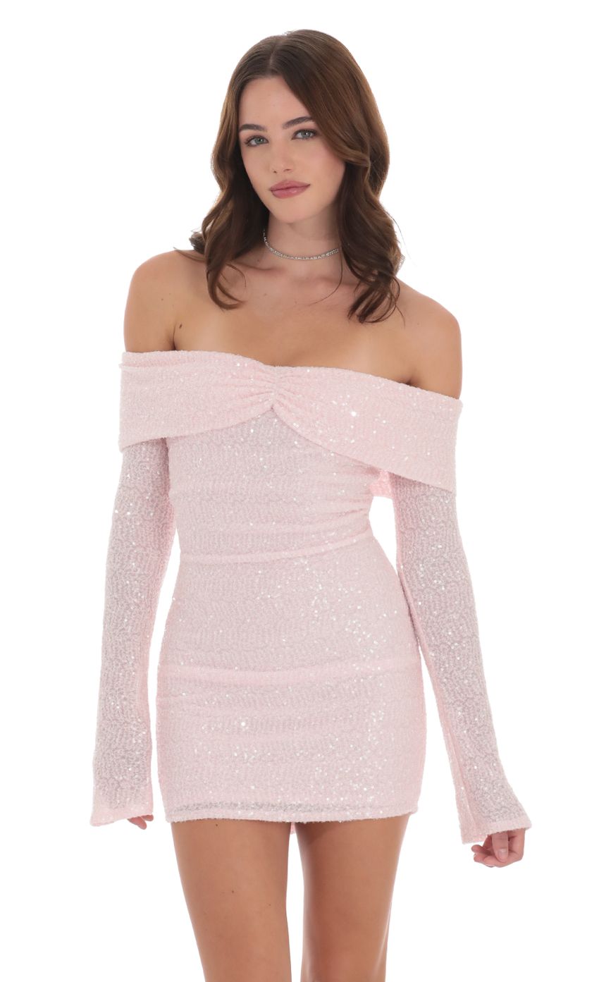 Lucy In The Sky Sequin Off Shoulder Dress in Pink