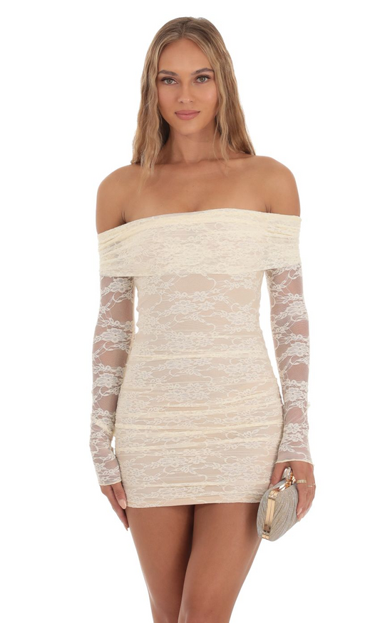 Lucy in the Sky Chiori Long Sleeve Lace Mini Dress in Cream