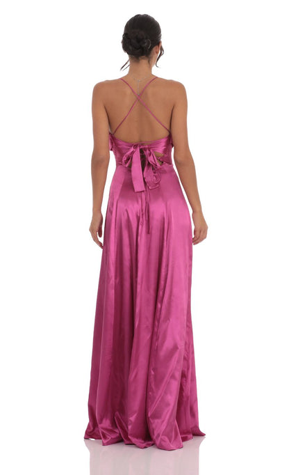 Lucy in the Sky Satin Floral Maxi Dress in Magenta