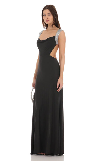 Lucy in the Sky Silver Sequin Open Back Cowl Neck Dress in Black
