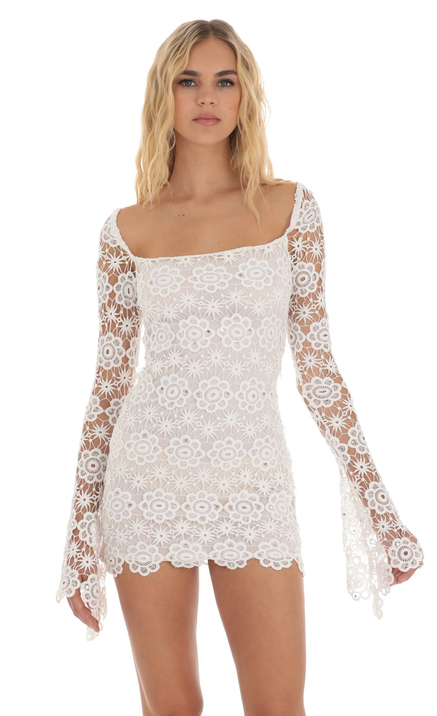 Lucy in the Sky Embroidered Sequin Lace Long Sleeve Dress in White