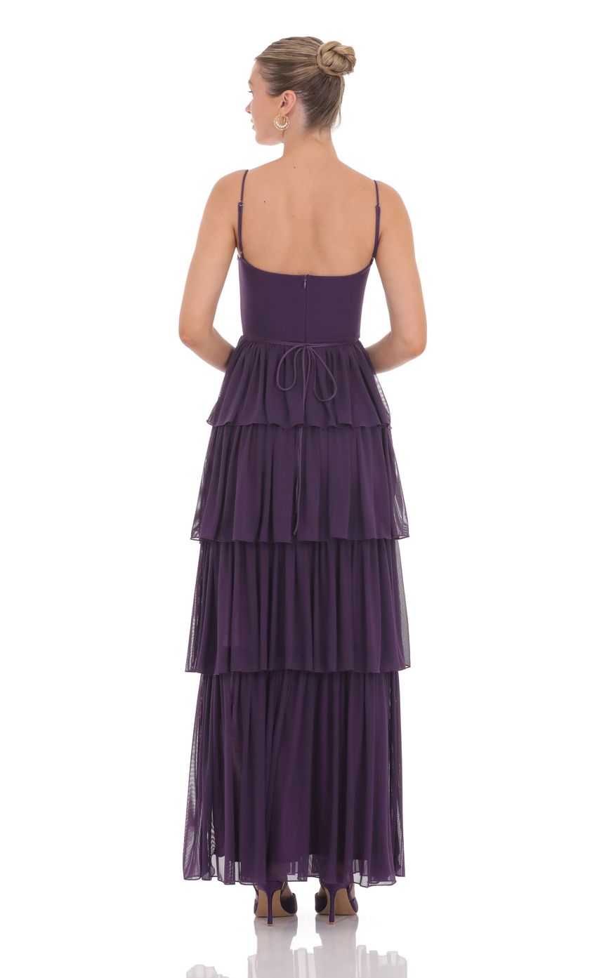 Lucy In The Sky Mesh Ruffle Maxi Dress in Dark Purple