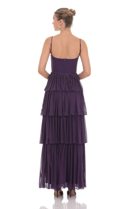 Lucy In The Sky Mesh Ruffle Maxi Dress in Dark Purple