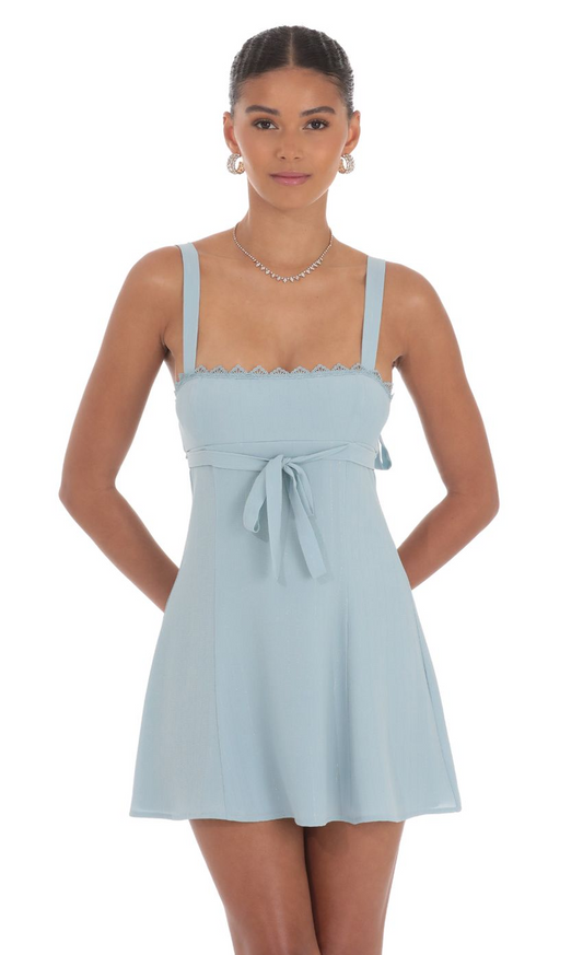Lucy in the Sky Shimmer Ribbon Embroidered Trim Dress in Blue