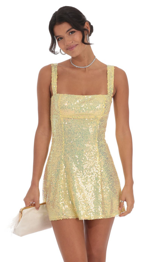 Lucy in the Sky Sequin Glitter Back Bow Bodycon Dress in Yellow