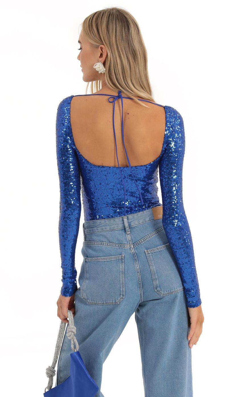 Lucy in the Sky Sequin Long Sleeve Bodysuit in Blue