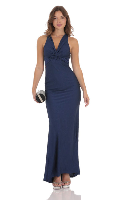 Lucy In The Sky Glitter Twist V-Neck Maxi Dress in Navy