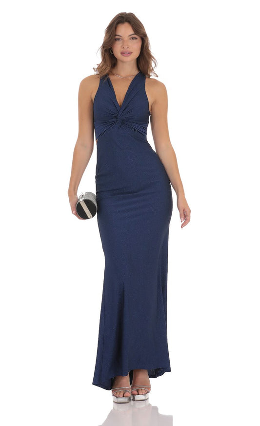 Lucy In The Sky Glitter Twist V-Neck Maxi Dress in Navy