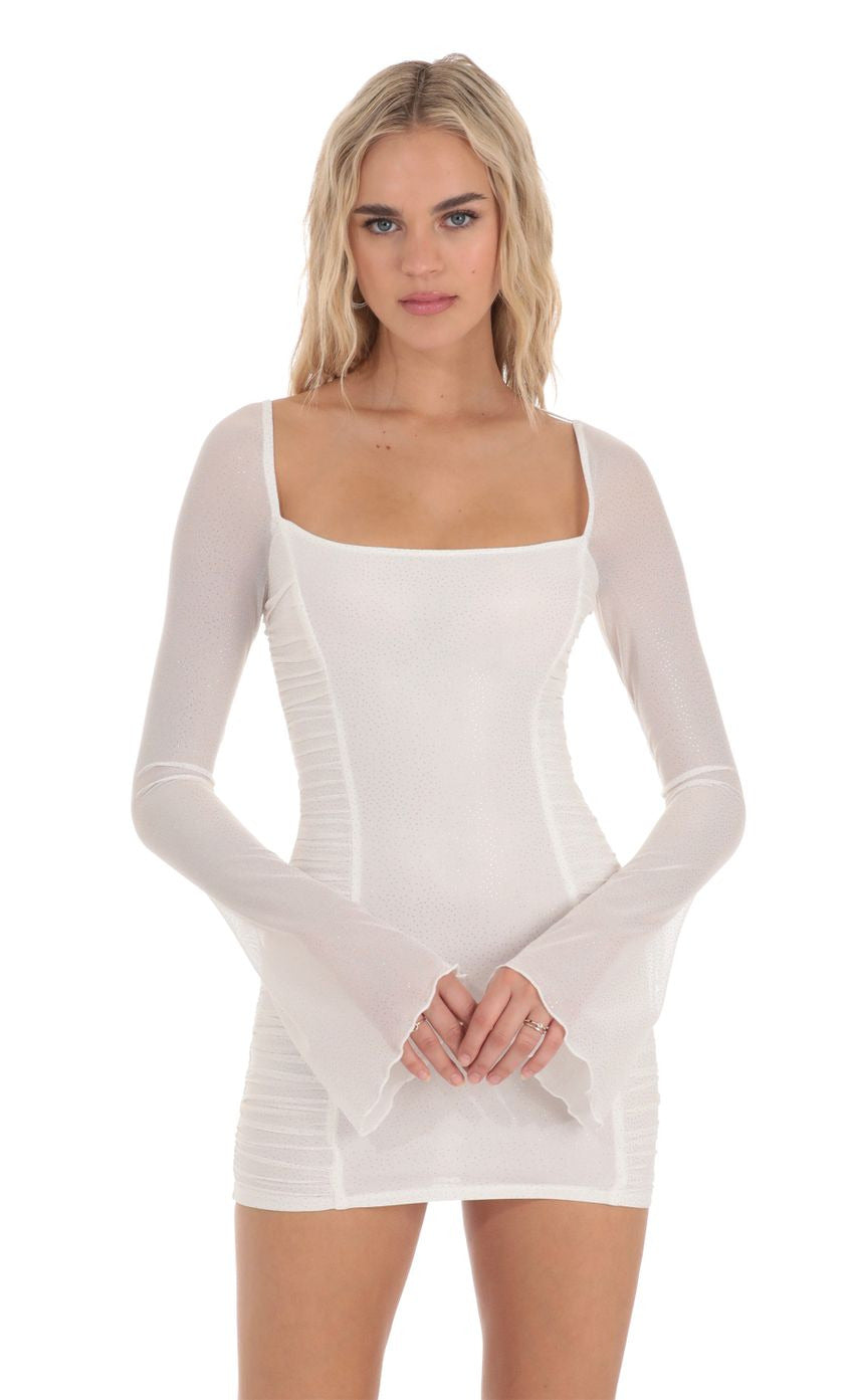 Lucy in the Sky Shimmer Mesh Ruched Bodycon Dress in White