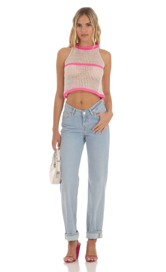 Lucy in the Sky Crochet Pink Stripe Top in White