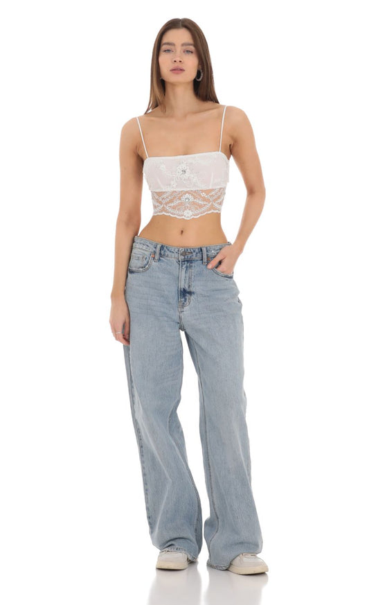 Lucy in the Sky Sequin Lace Crop Top in White