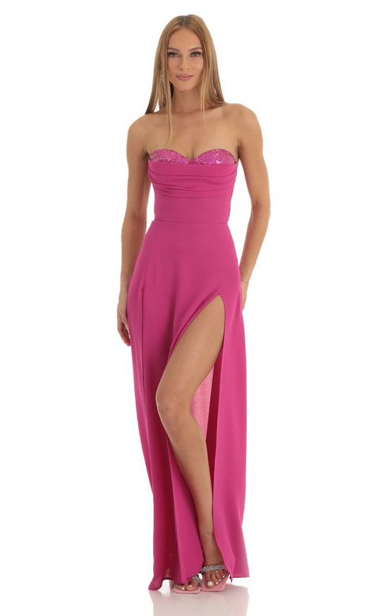 Lucy in the Sky Sequin Bust Crepe Maxi Dress in Hot Pink