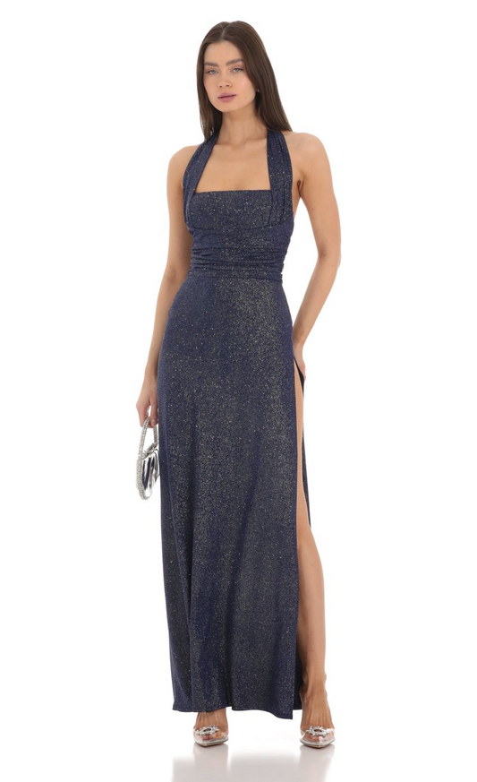 Lucy in the Sky Shimmer Halter Maxi Dress in Navy