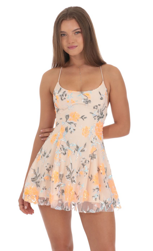 Lucy in the Sky Sequin Floral Mini Dress in Cream