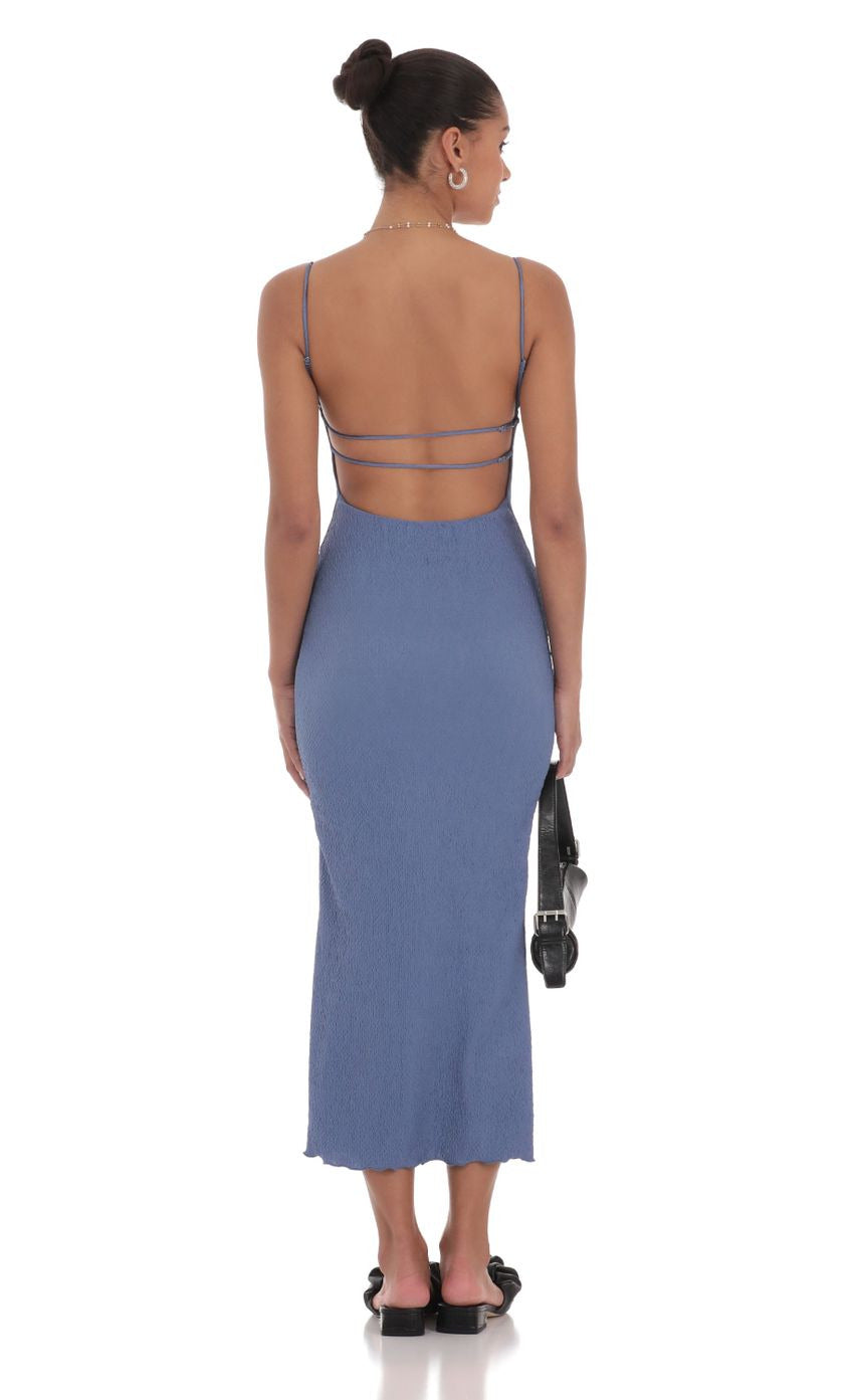 Lucy in the Sky Crinkle V-Neck Bodycon Maxi Dress in Slate Blue