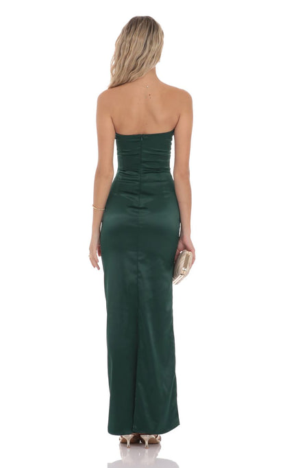 Lucy In The Sky Satin V-Strapless Maxi Dress in Green