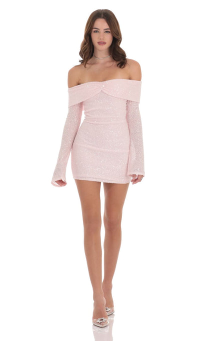 Lucy In The Sky Sequin Off Shoulder Dress in Pink