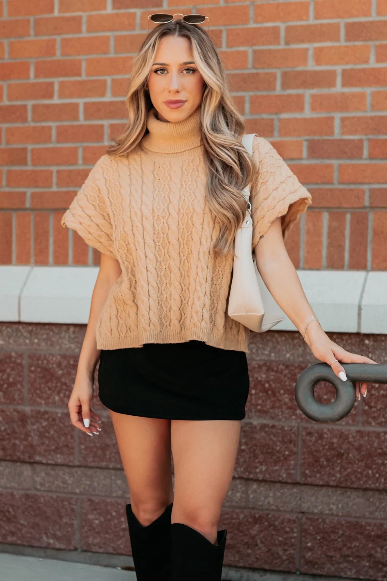 NanaMacs Cozy Escape Short Sleeve Cable Knit Sweater (Taupe)