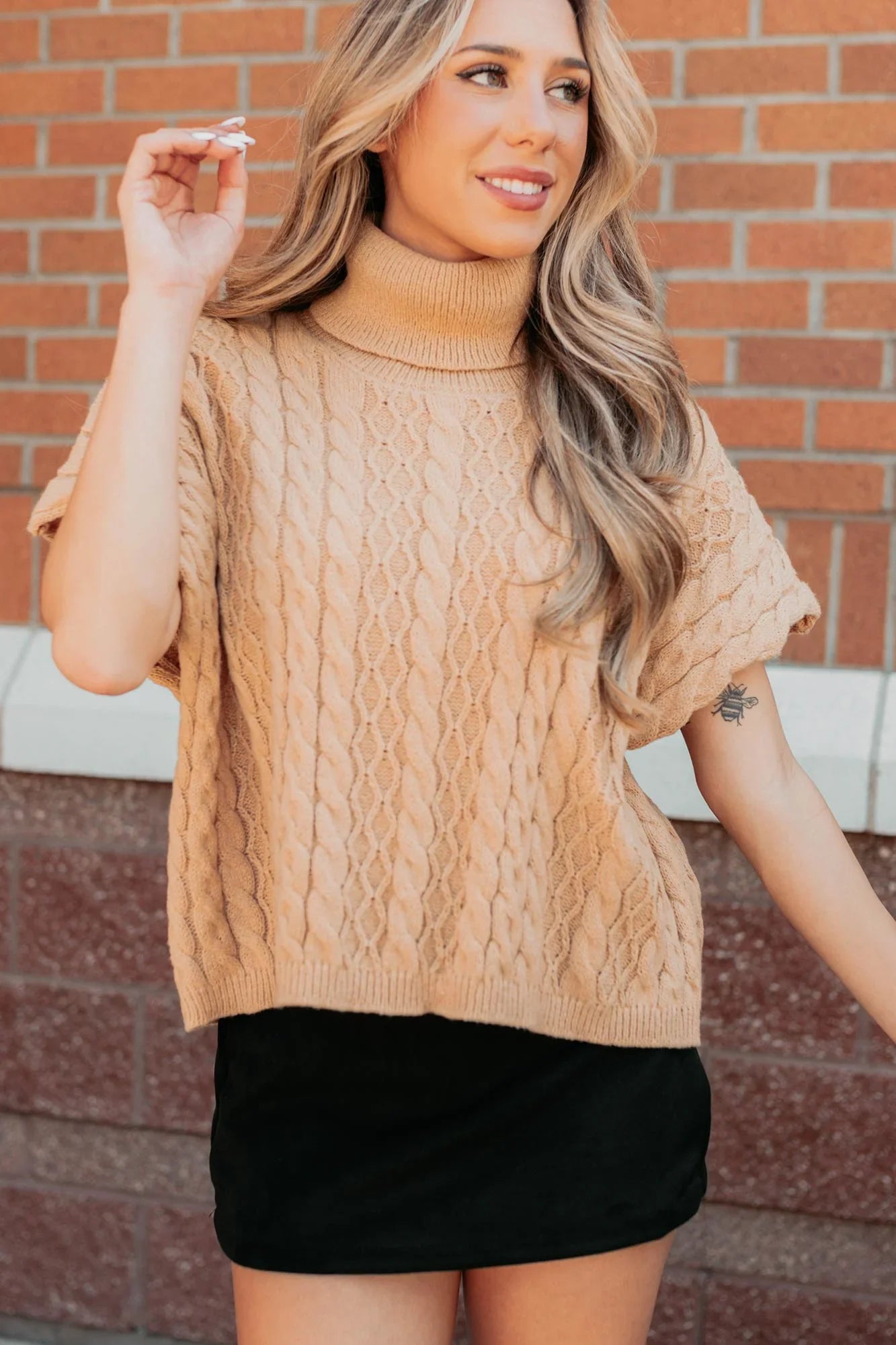 NanaMacs Cozy Escape Short Sleeve Cable Knit Sweater (Taupe)