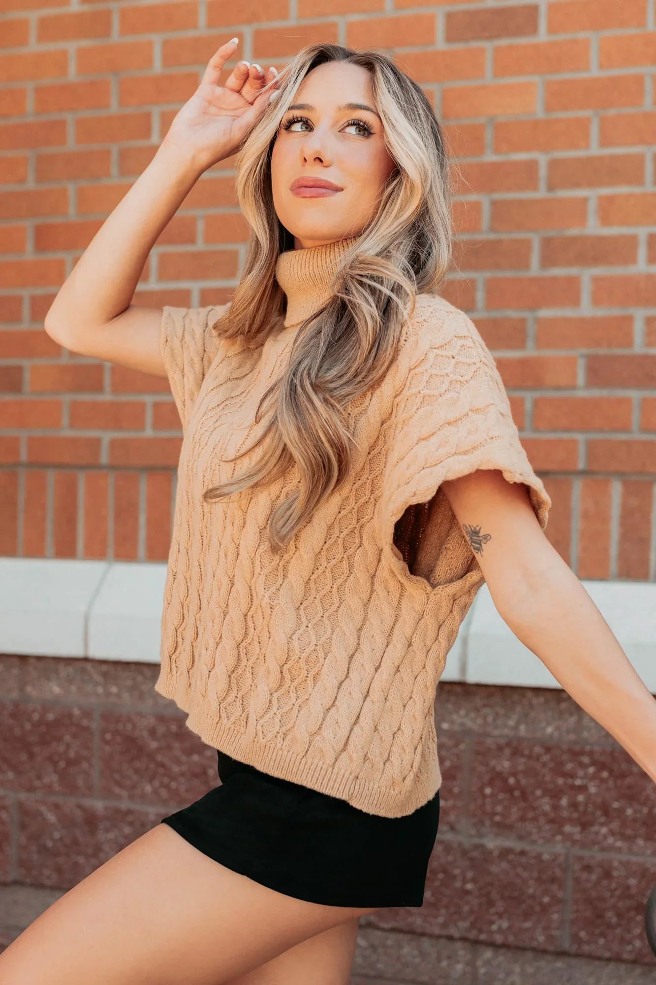 NanaMacs Cozy Escape Short Sleeve Cable Knit Sweater (Taupe)