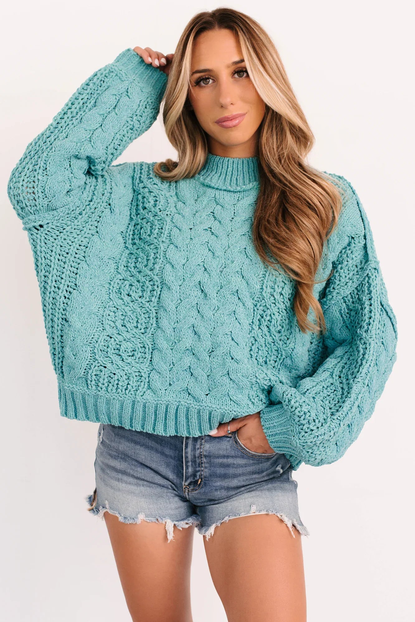 NanaMacs Things Change POL Cable Knit Sweater (Aqua Teal)