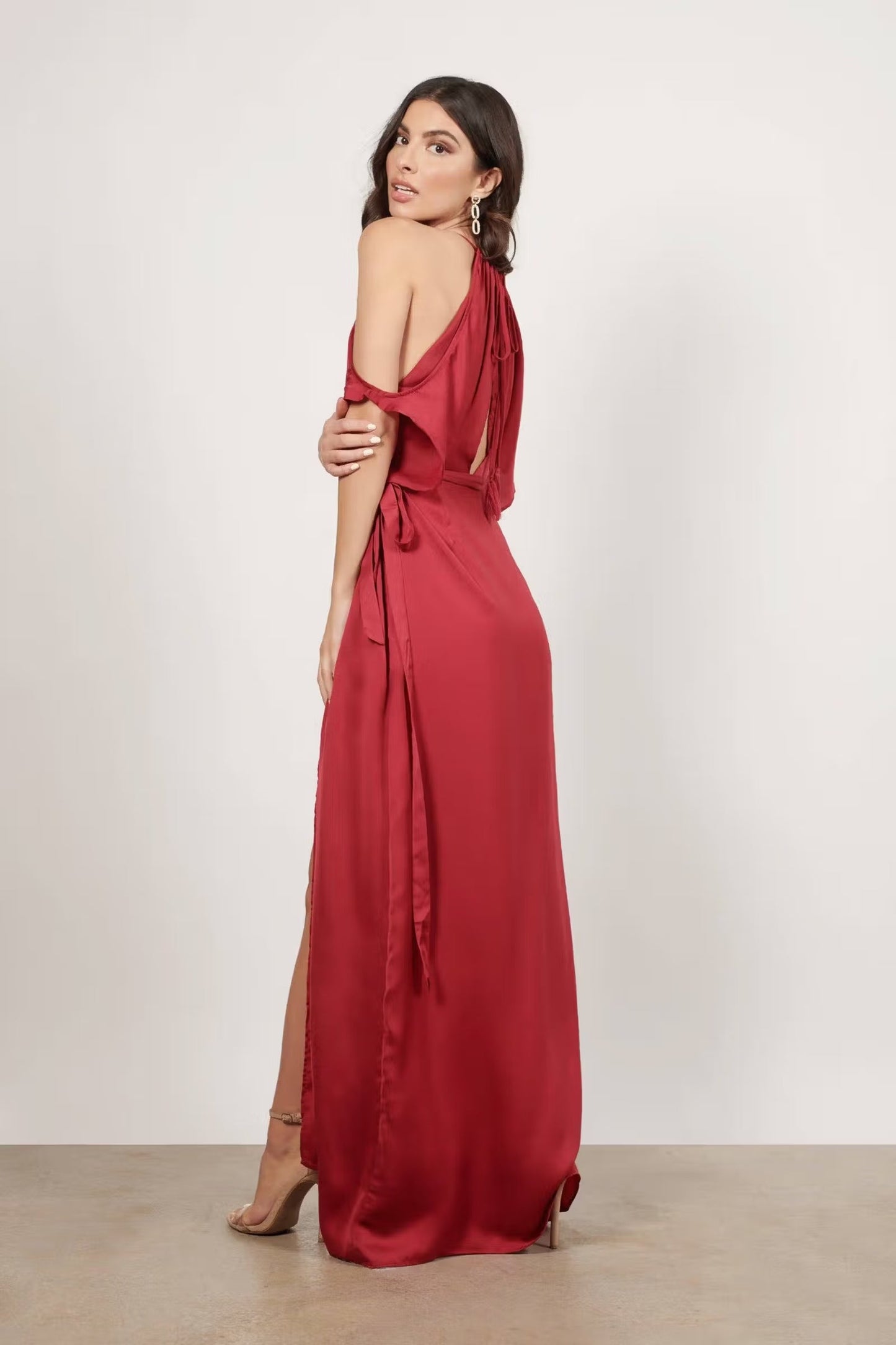 Tobi Feeling The Night Satin Cold Shoulder Maxi Dress