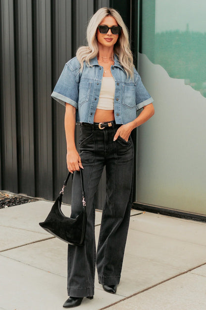 NanaMacs Out & About Short Sleeve Denim Crop Top (Medium)