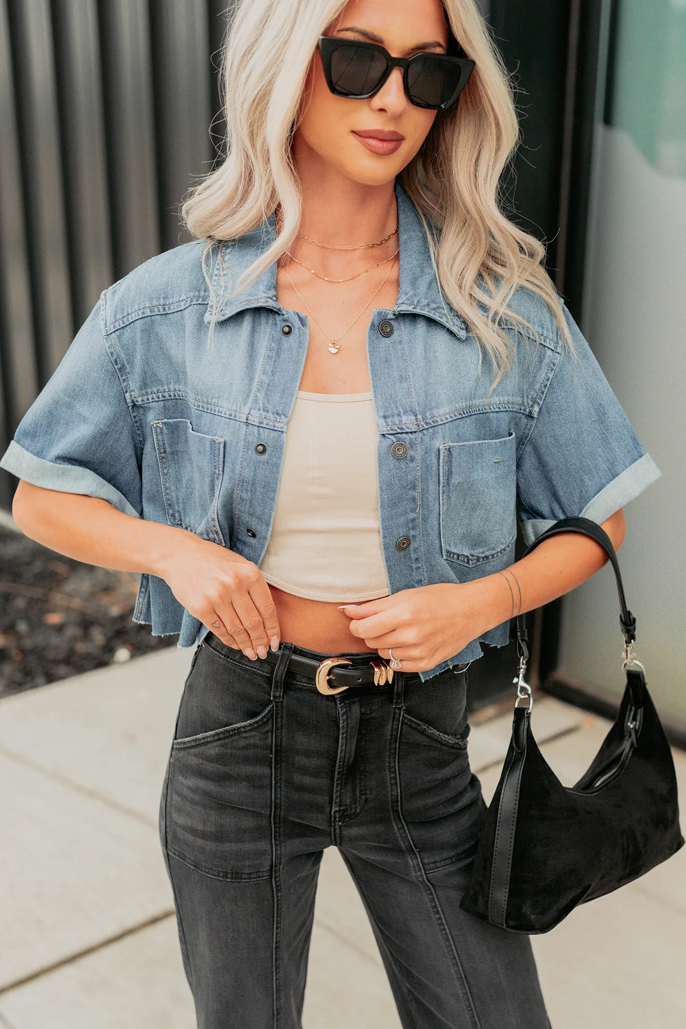 NanaMacs Out & About Short Sleeve Denim Crop Top (Medium)