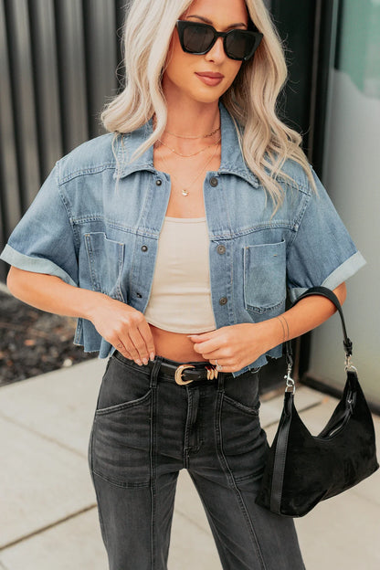 NanaMacs Out & About Short Sleeve Denim Crop Top (Medium)