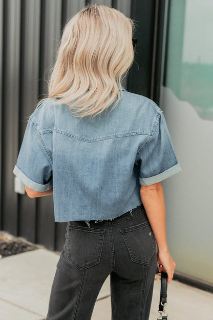 NanaMacs Out & About Short Sleeve Denim Crop Top (Medium)