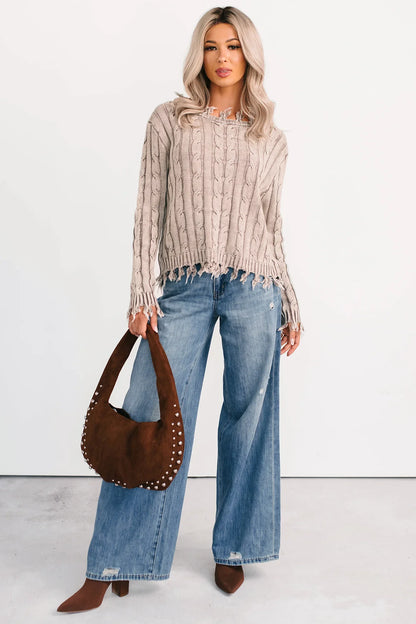 NanaMacs Unwritten Future Cable Knit Fringe Zenana Sweater (Mocha)
