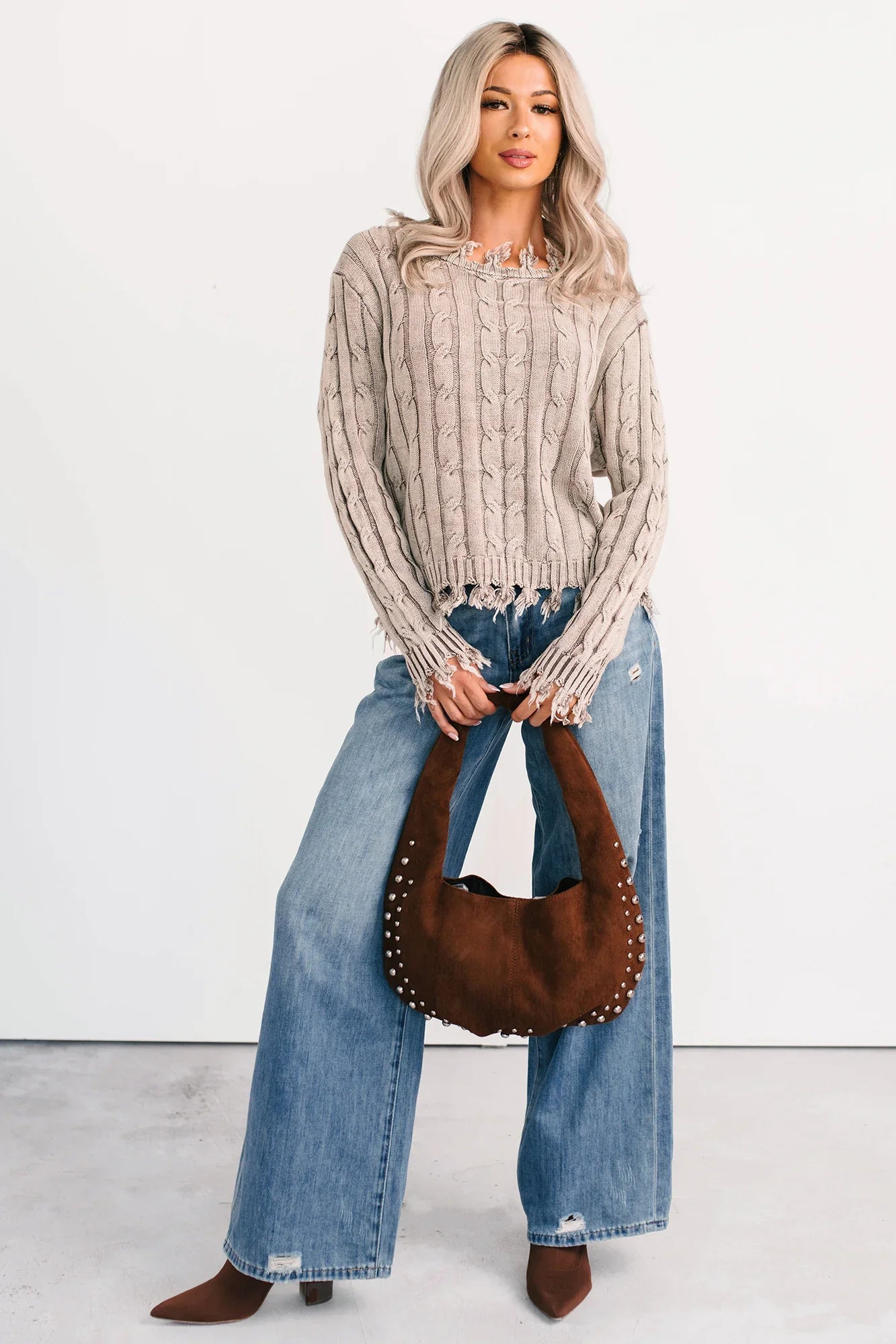 NanaMacs Unwritten Future Cable Knit Fringe Zenana Sweater (Mocha)