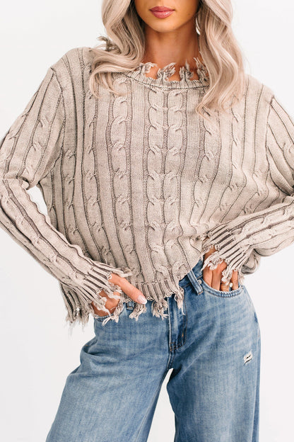 NanaMacs Unwritten Future Cable Knit Fringe Zenana Sweater (Mocha)