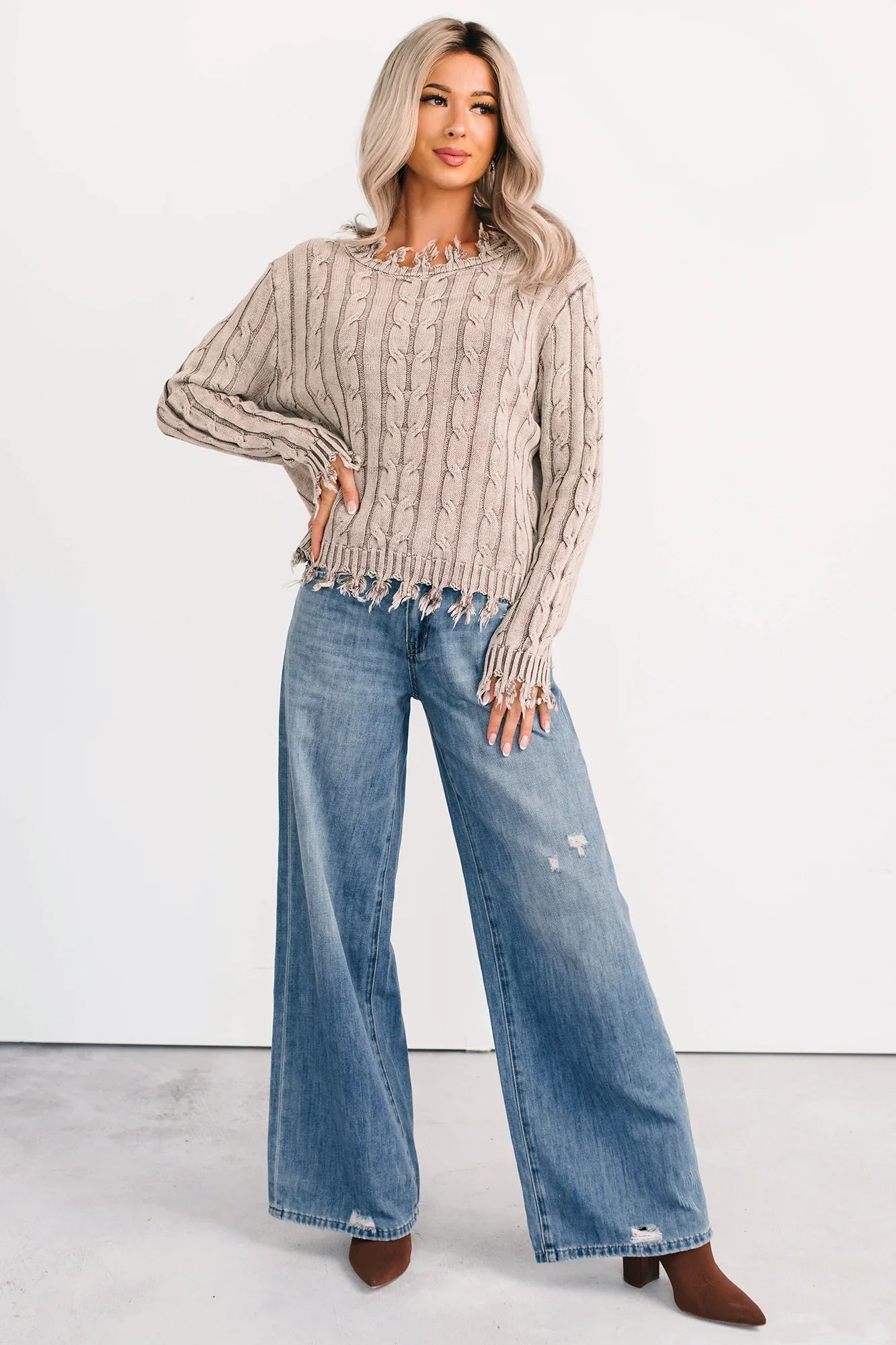 NanaMacs Unwritten Future Cable Knit Fringe Zenana Sweater (Mocha)