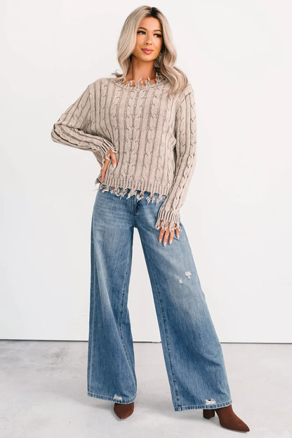 NanaMacs Unwritten Future Cable Knit Fringe Zenana Sweater (Mocha)