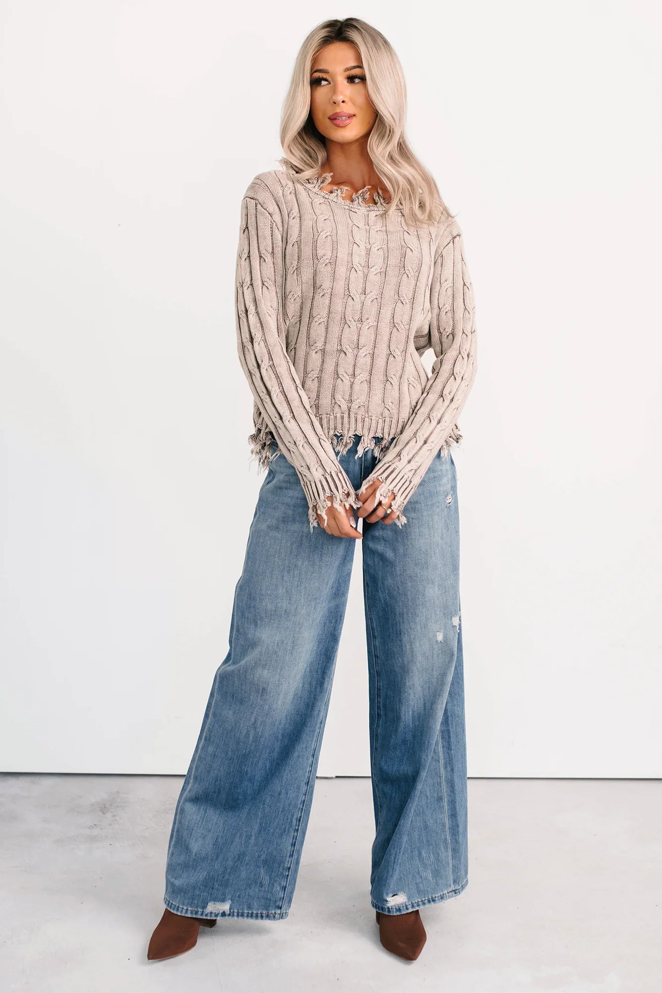 NanaMacs Unwritten Future Cable Knit Fringe Zenana Sweater (Mocha)