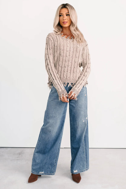 NanaMacs Unwritten Future Cable Knit Fringe Zenana Sweater (Mocha)