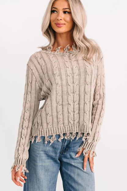 NanaMacs Unwritten Future Cable Knit Fringe Zenana Sweater (Mocha)